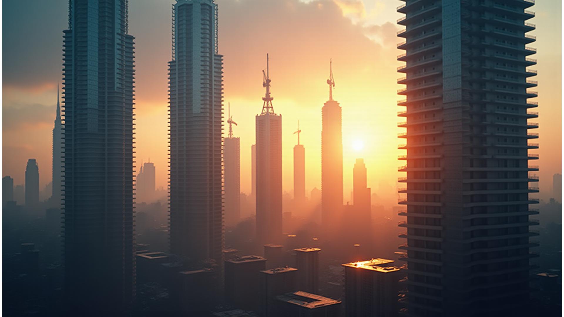 한울빌드크래프트의 종합건설 프로젝트 현장, 활기찬 크레인과 현대적인 고층 빌딩이 보이는 전경