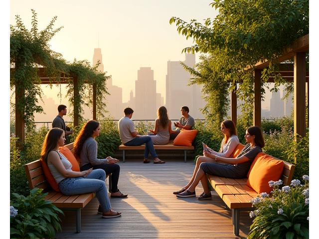옥상 커뮤니티 정원에서 사람들이 모여 쉬는 모습