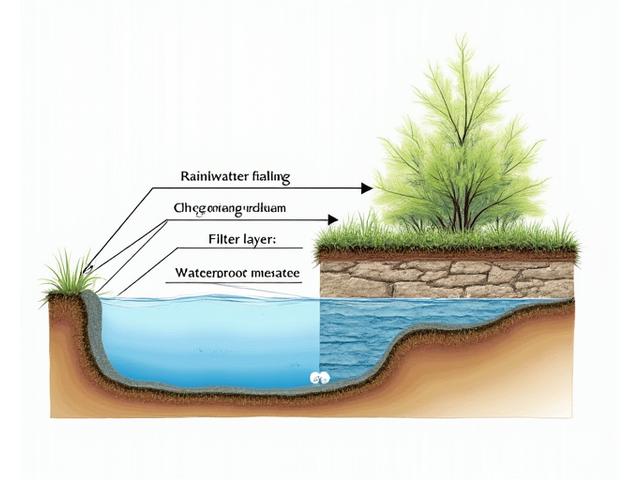 빗물이 그린 루프를 통해 저류, 여과, 배수되는 순환 과정 단면도