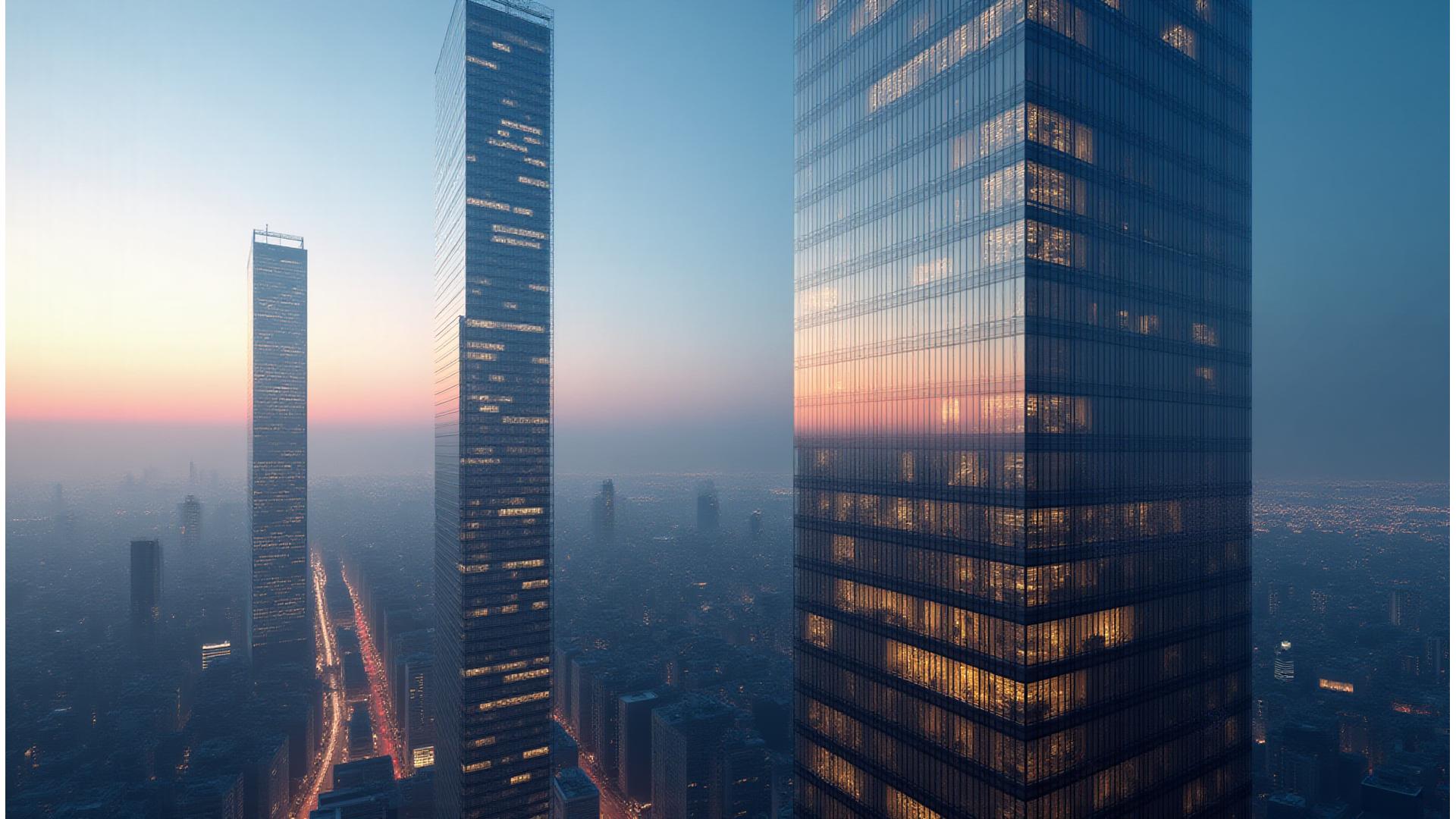 강남구의 현대적인 건축물 스카이라인과 한울빌드크래프트의 지속가능 건설 비전을 나타내는 이미지