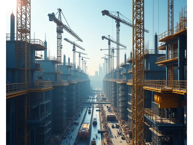 현대적인 고층 빌딩 건설 현장의 조감도