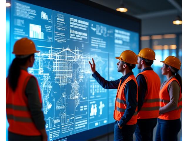 건설 프로젝트 관리자들이 디지털 태블릿으로 계획을 검토하는 모습