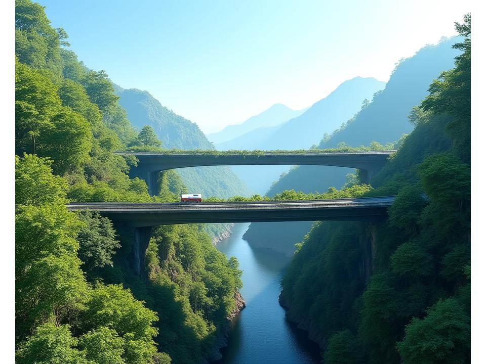 울창한 숲이 우거진 산맥 사이를 지나가는 생태 통로의 모습, 자연과 어우러진 현대적 공법이 드러남