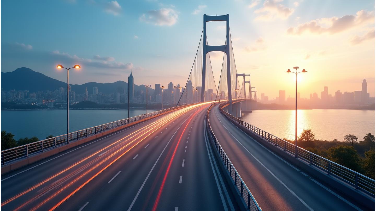 한국의 스카이라인을 가로지르는 현대적인 고속도로와 교량을 역동적인 시점으로 보여주는 이미지, 새벽 햇살 아래
