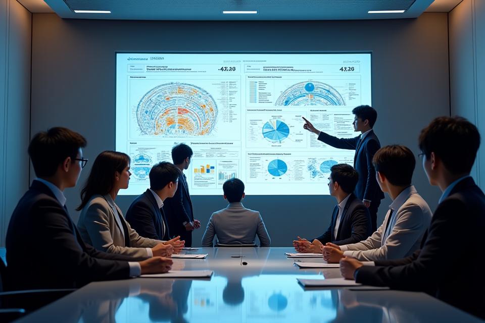 세련된 회의실에서 다양한 인종의 전문가들이 대형 스크린의 복잡한 프로젝트 파이낸싱 도표를 보며 협력하는 모습