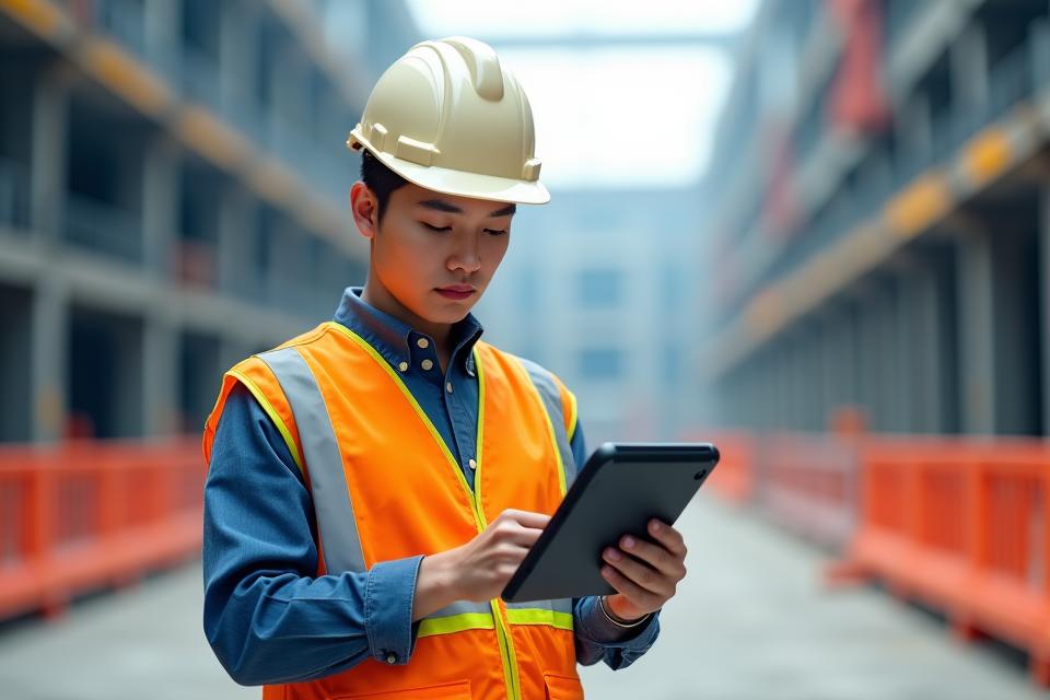 안전모를 착용한 건설 현장 감독관이 태블릿으로 안전 체크리스트를 확인하는 모습, 뒤로는 정돈된 현장 풍경