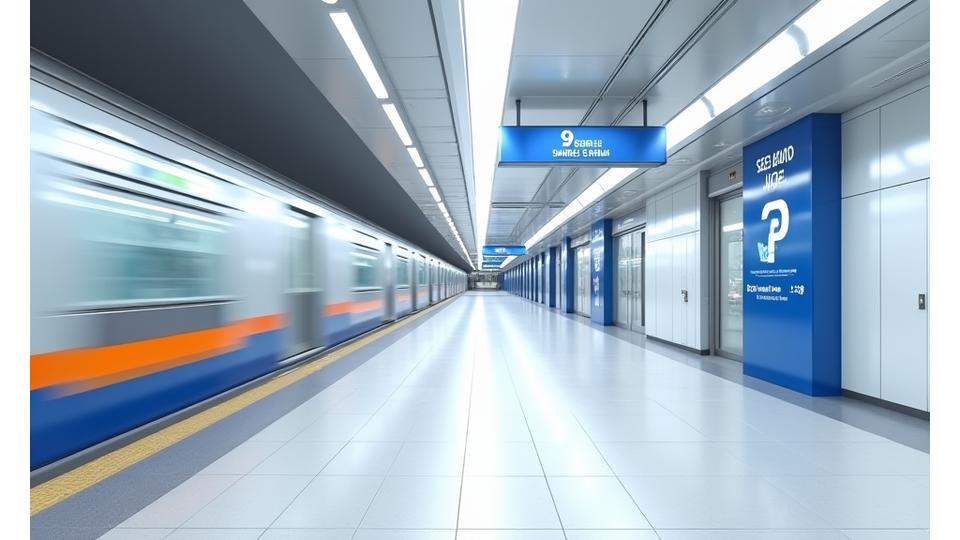 서울 지하철 9호선 연장 구간의 현대적인 지하 역사 내부, 깔끔하고 밝은 모습