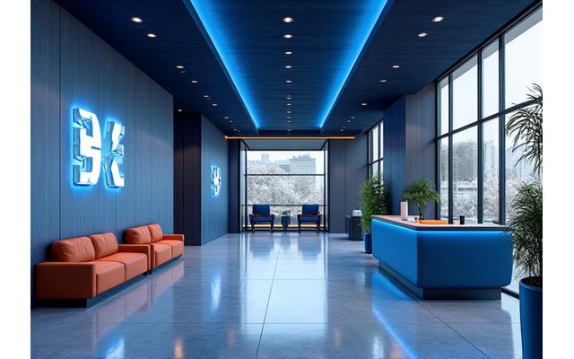 기업 로고와 색상이 조화롭게 반영된 현대적인 사무실 로비