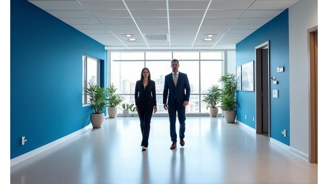 완공된 현대적인 인테리어 공간에서 최종 점검을 하는 전문가들