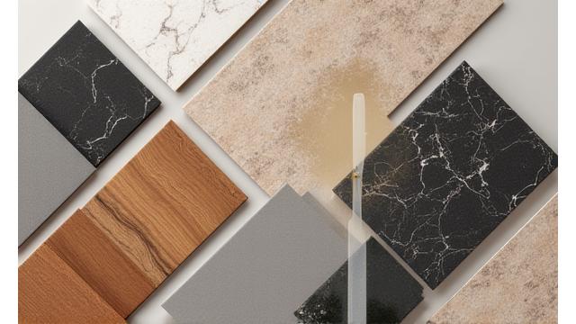 다양한 고급 인테리어 자재 샘플을 진열하고 논의하는 모습