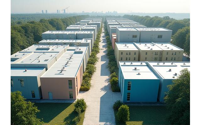 모듈러 방식으로 건설된 학교 및 의료 시설의 복합 전경