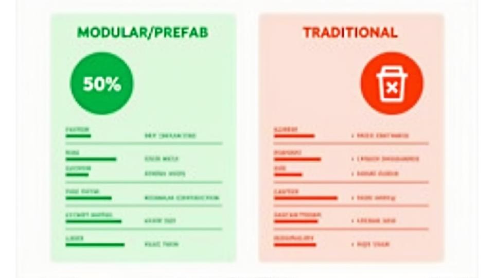 모듈러 건설과 전통 건설의 공기, 품질, 비용, 환경적 장점을 비교하는 상세 인포그래픽