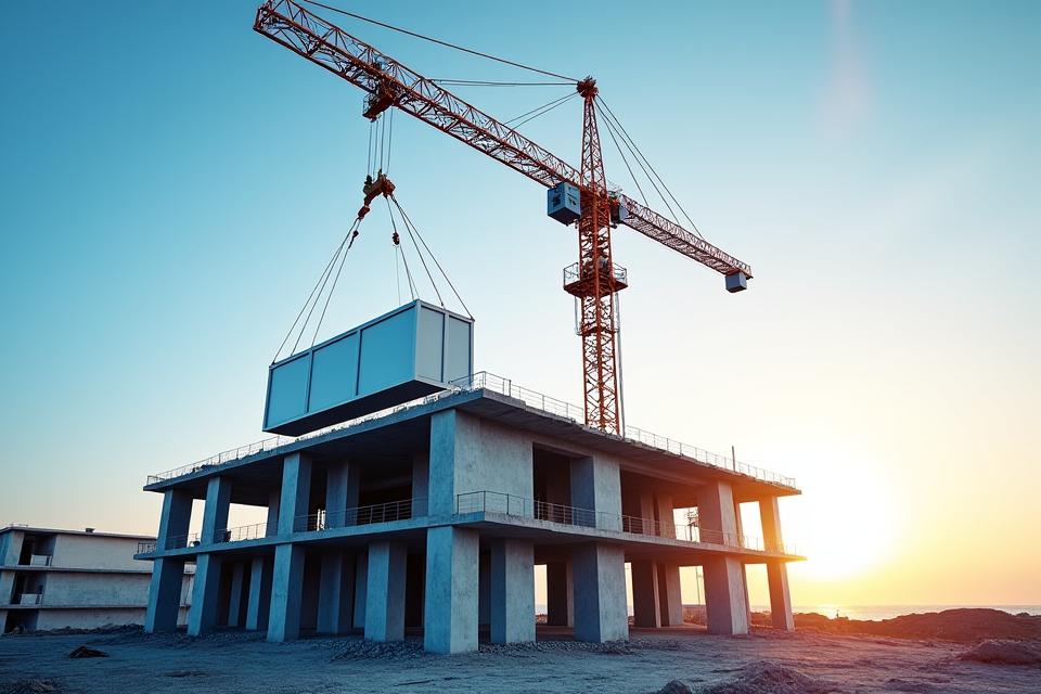 대형 크레인이 모듈러 유닛을 들어 올려 건물 구조에 정확하게 설치하는 역동적인 현장 모습