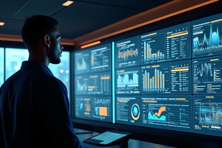 대형 모니터에 AI 기반 빌딩 관리 시스템 대시보드가 실시간 데이터와 예측 그래프를 보여주는 모습. 기술자가 데이터를 주시하며 관리하고 있다.