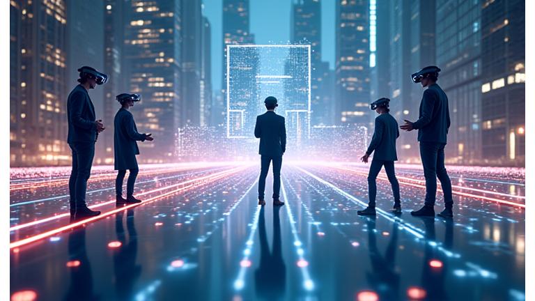 초고속 5G 네트워크를 상징하는 선들과 디지털 트윈 모델이 overlay된 미래형 도시 개념도. VR/AR 장비를 착용한 사람들이 가상 현실에서 건물 정보를 탐색하는 모습.