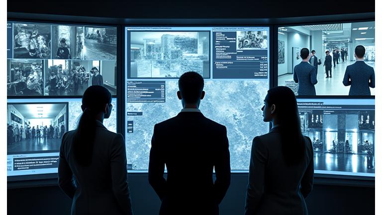 보안 요원들이 AI 기반 CCTV 모니터를 주시하며 건물 전체의 출입 통제 시스템과 비상 알림 시스템을 통합 관리하는 모습.