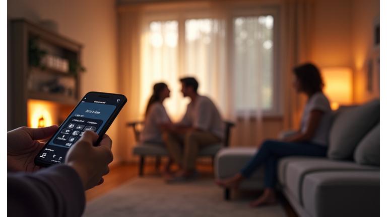 아늑하고 현대적인 스마트홈 거실에서 AI 스피커를 통해 집안 기기를 음성으로 제어하는 가족의 모습. 모바일 앱으로 원격 제어하는 장면도 함께 연출.