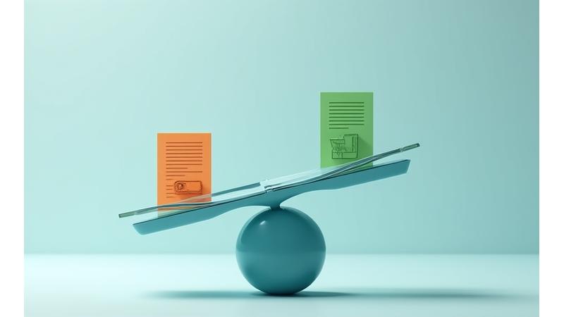 이용자의 의무와 권리를 나타내는 비유적인 이미지, 저울 위에 법전과 개인 정보가 균형을 이루고 있는 모습